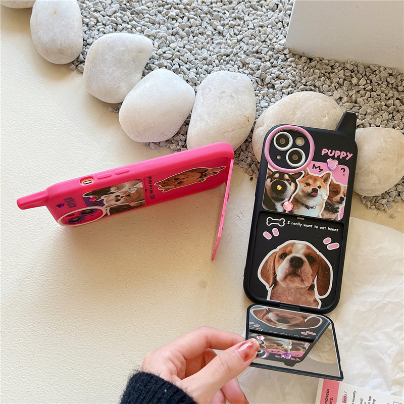 [ Meme Case ] Retro Phone Shape Kitty Puppy Flip Mirror Case