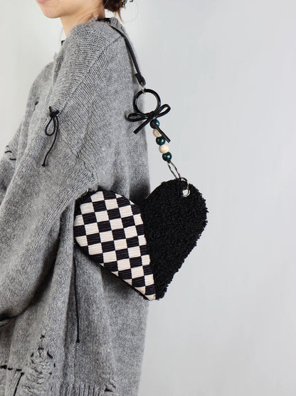 Checkerboard & Fuzzy Heart Shoulder Bag