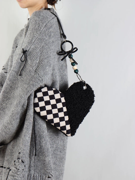 Checkerboard & Fuzzy Heart Shoulder Bag