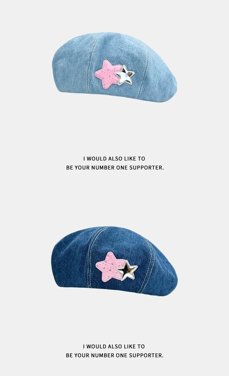 Pink Star Denim Beret