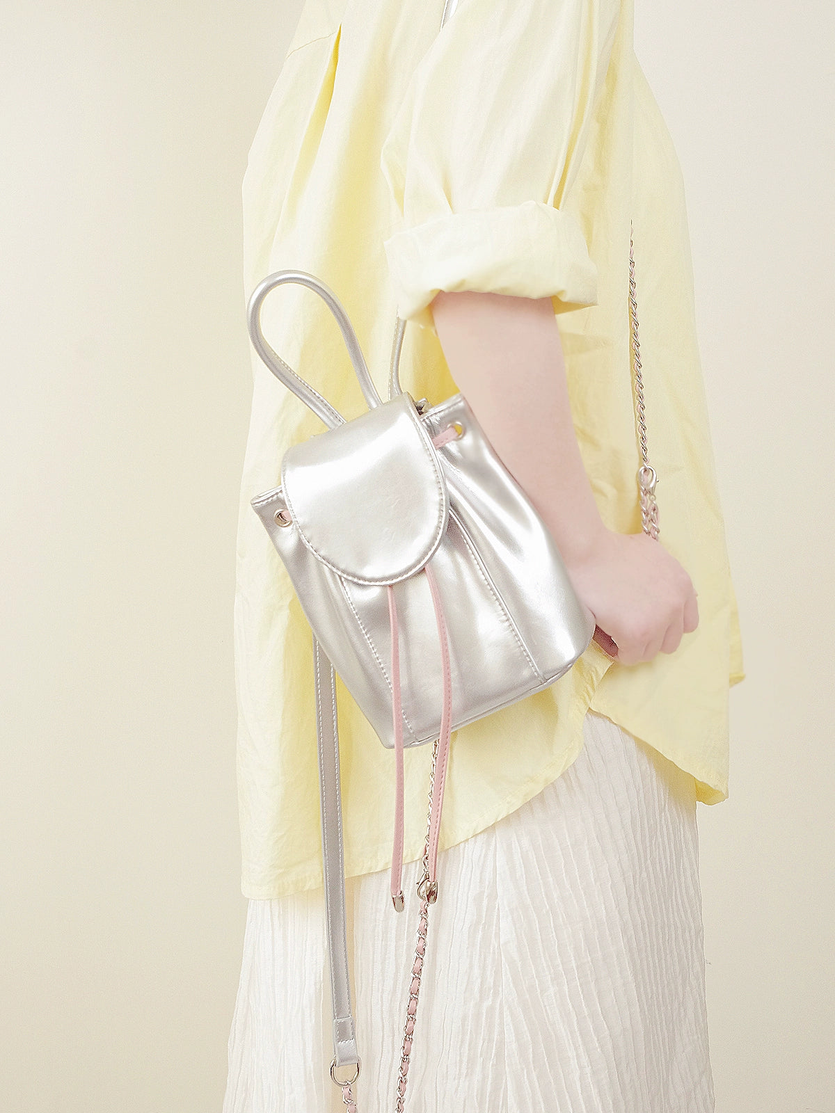 Silver Pink Drawstring Flap Shoulder Bag