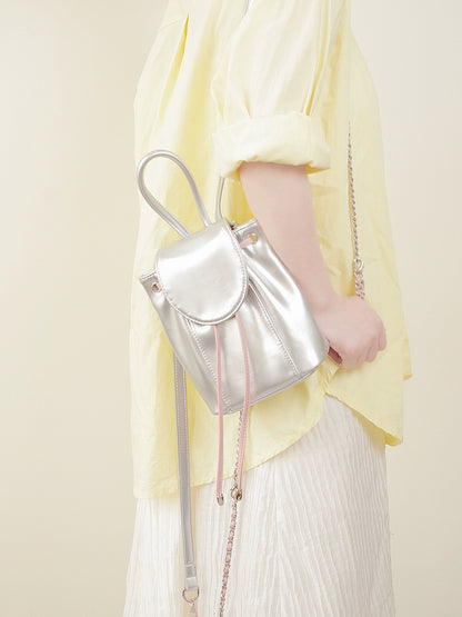Silver Pink Drawstring Flap Shoulder Bag