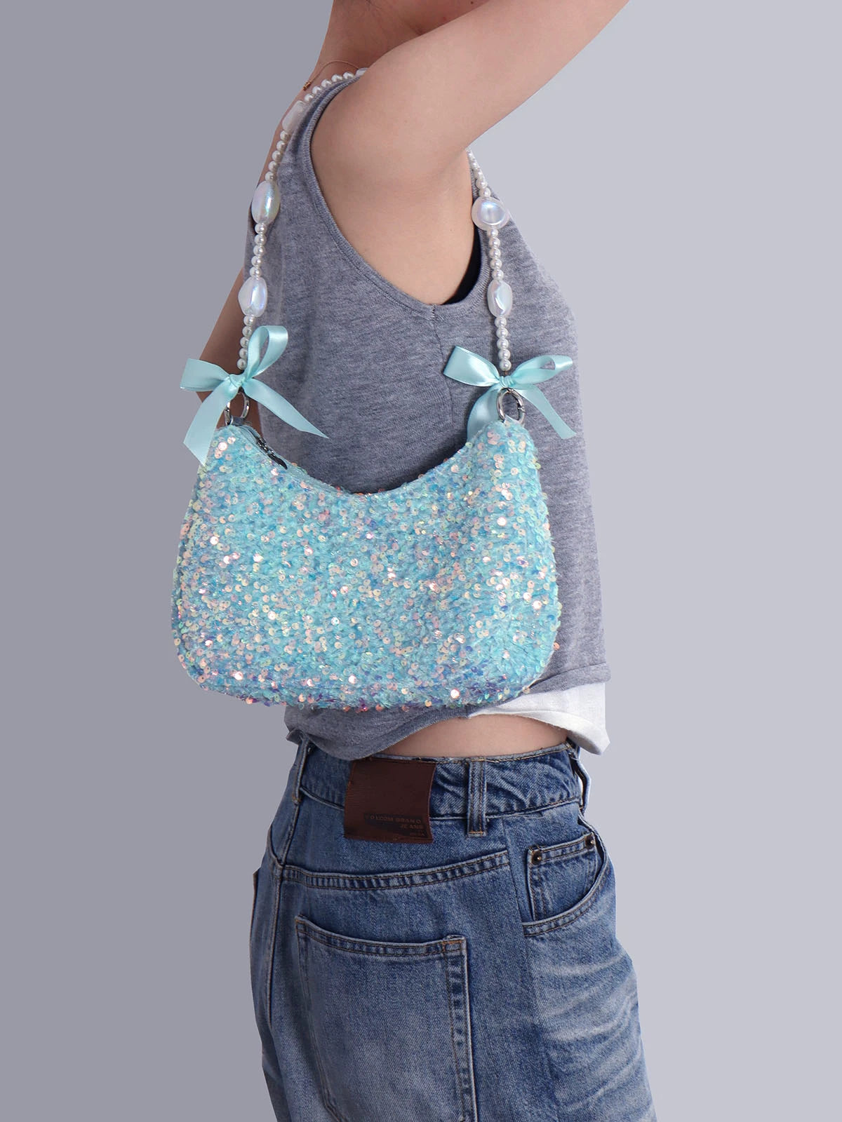 Iridescent Aqua Sequin Shoulder Bag |  | Three Fleas