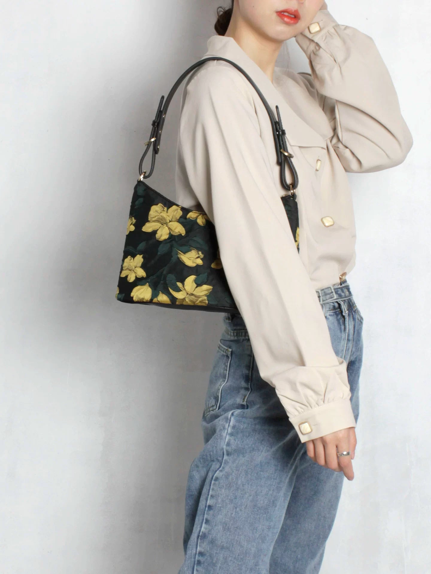 Black Floral Print Shoulder Bag | Bag | Three Fleas