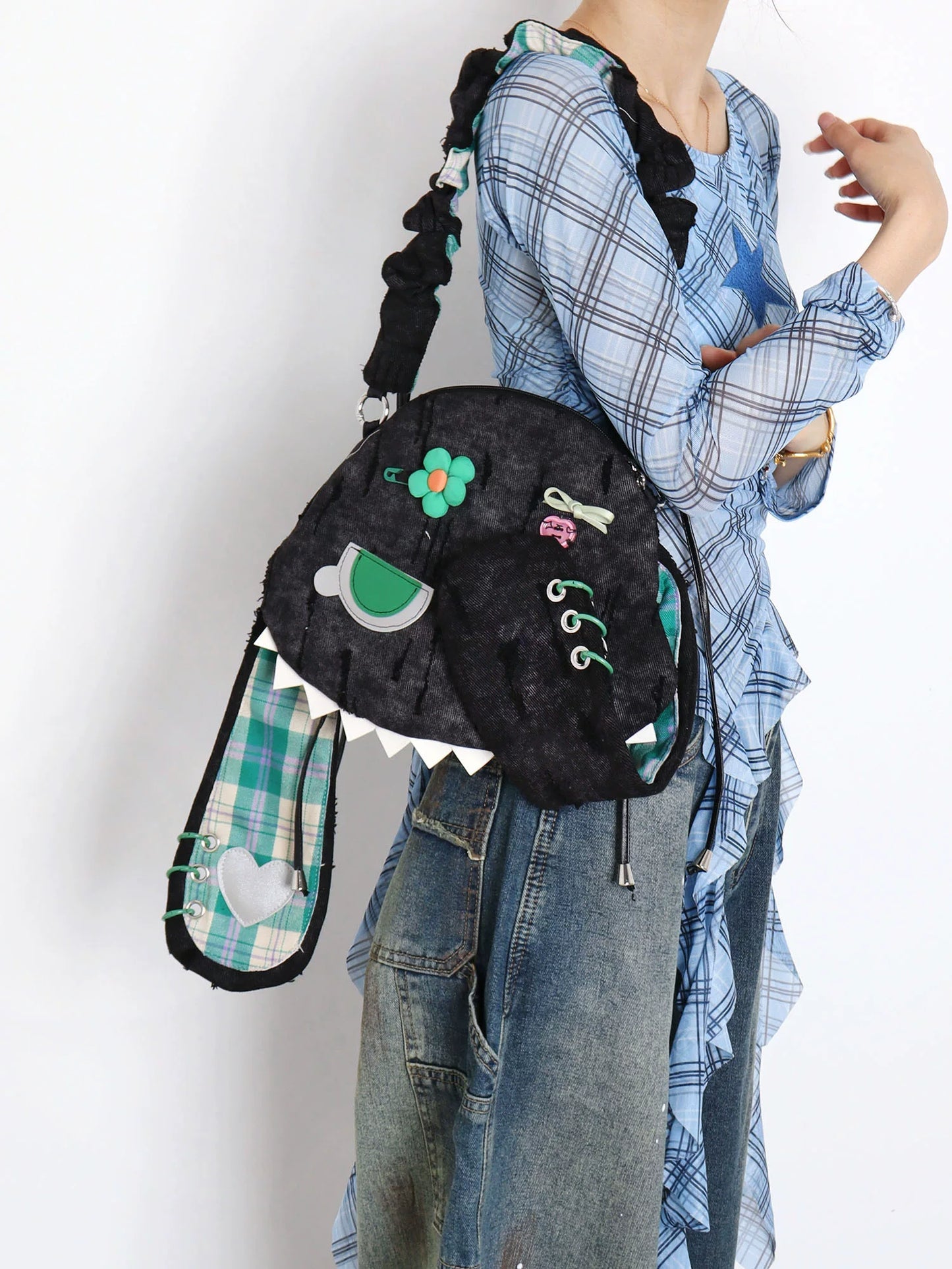 Grunge Plaid Bunny Crossbody Bag | Bag | Three Fleas