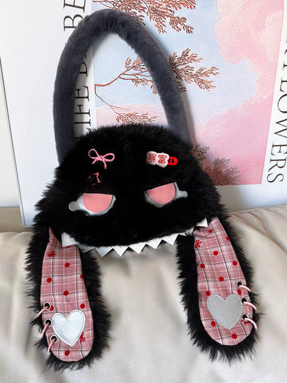 Fluffy Black Bunny Plaid Shoulder Bag |  | Three Fleas