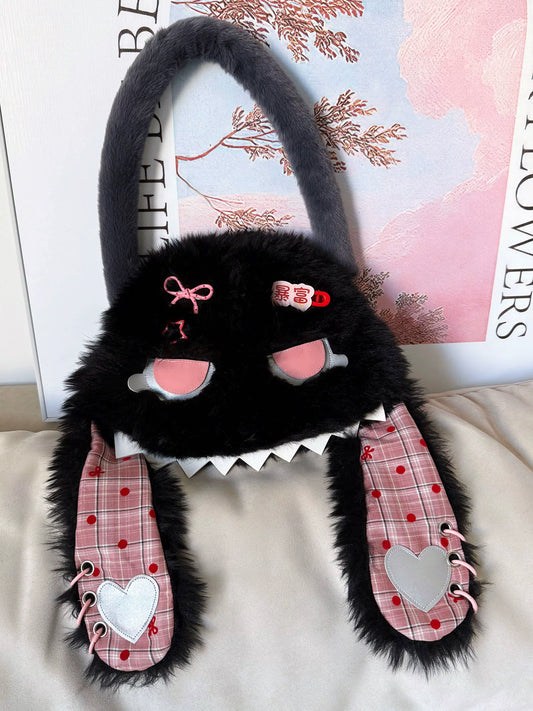 Fluffy Black Bunny Plaid Shoulder Bag |  | Three Fleas