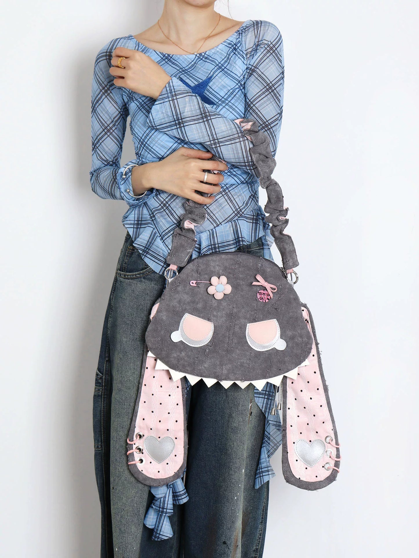 Grunge Plaid Bunny Crossbody Bag | Bag | Three Fleas