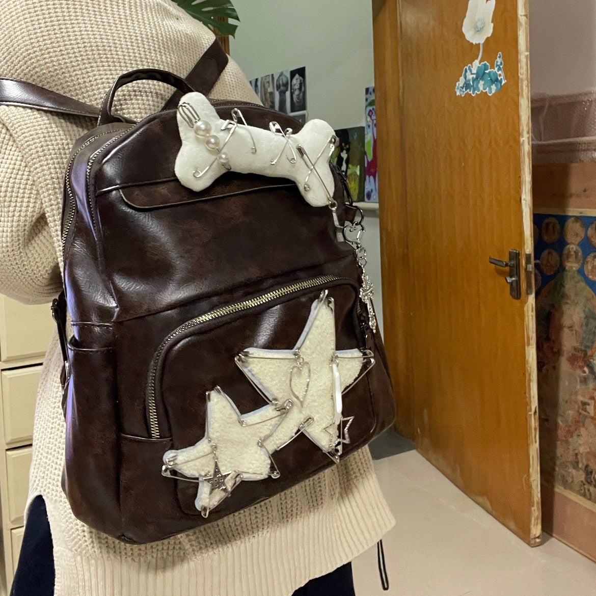 Cute Bone Decoration Star Collage Pin Backpack