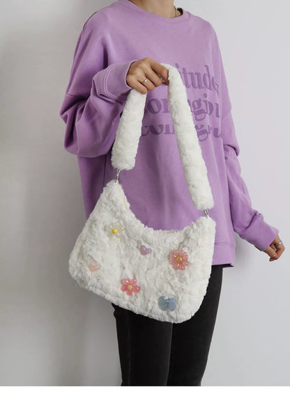 Fuzzy Y2K Floral & Bow Shoulder Bag |  | Three Fleas
