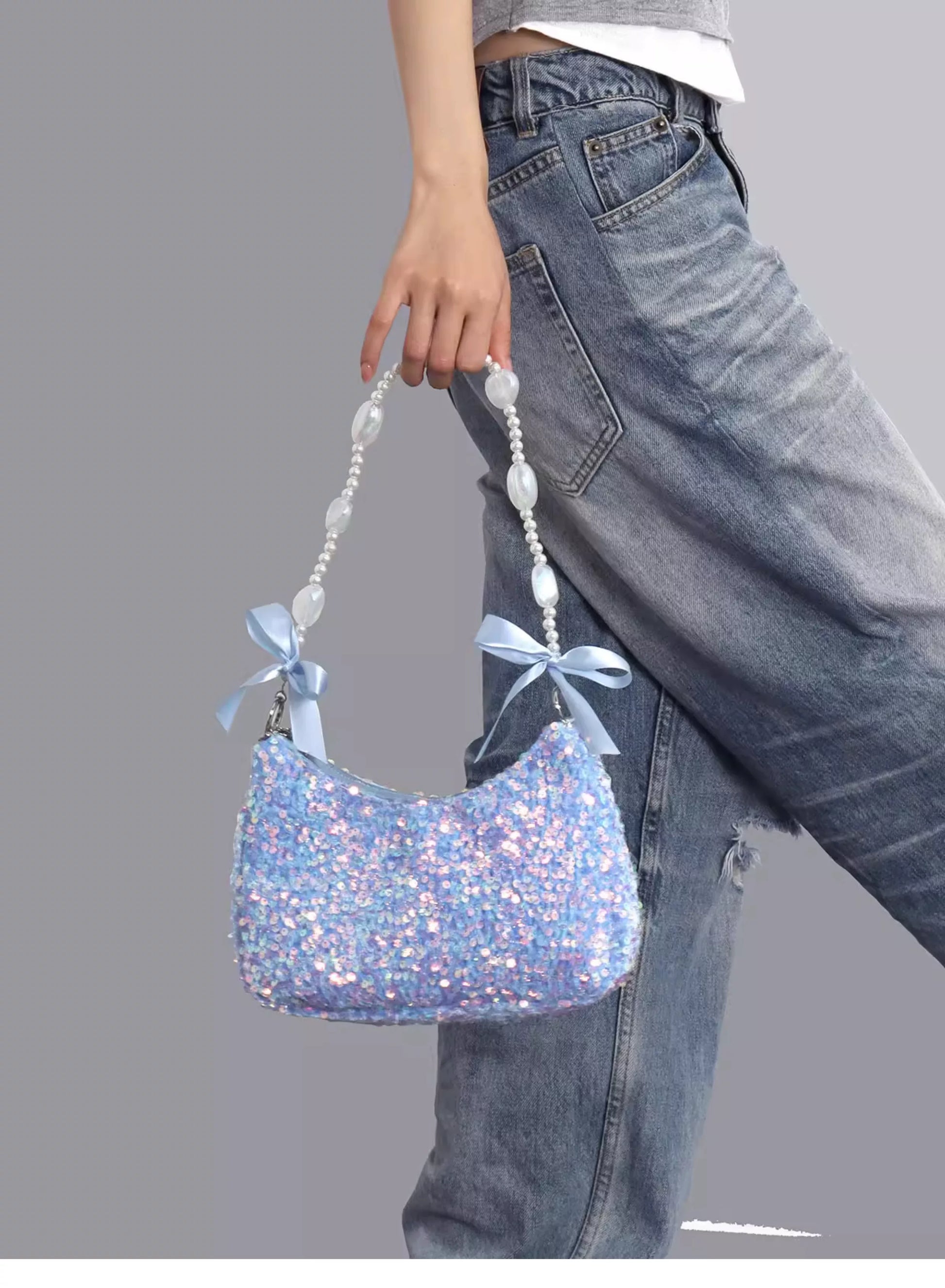 Iridescent Aqua Sequin Shoulder Bag |  | Three Fleas