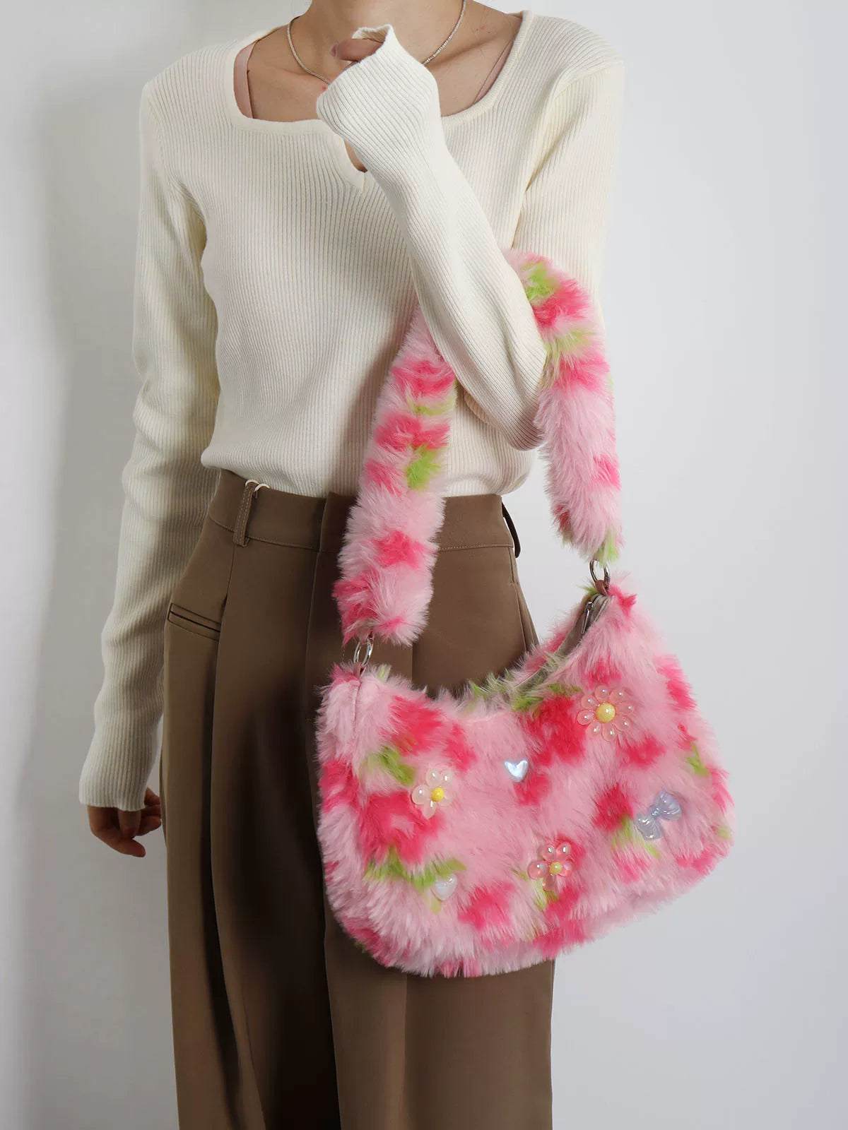 Fuzzy Y2K Floral & Bow Shoulder Bag |  | Three Fleas