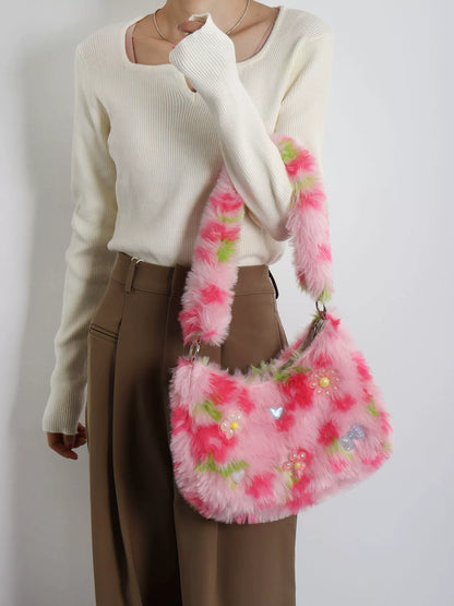 Fuzzy Y2K Floral & Bow Shoulder Bag |  | Three Fleas