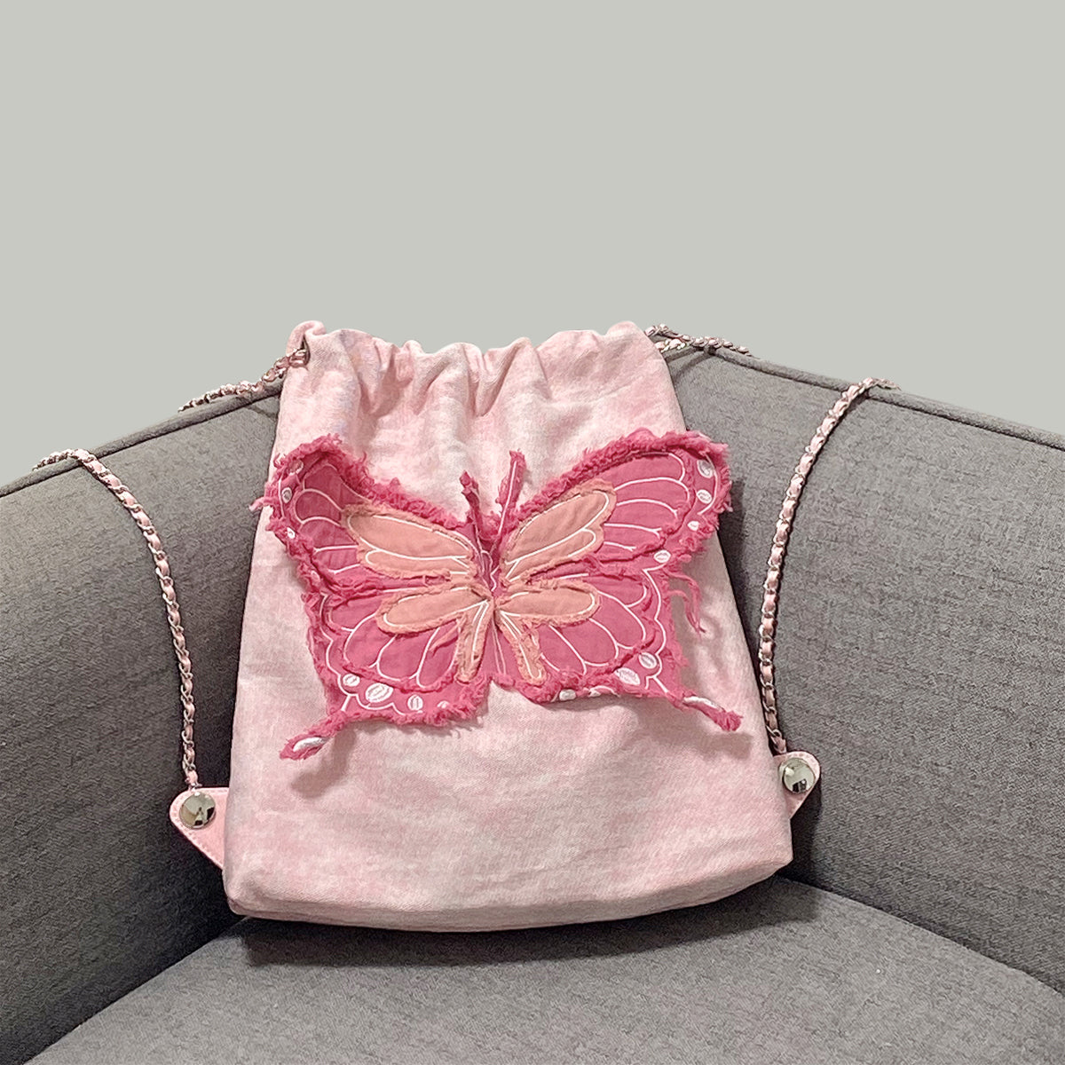 Butterfly Denim Drawstring Shoulder Bag