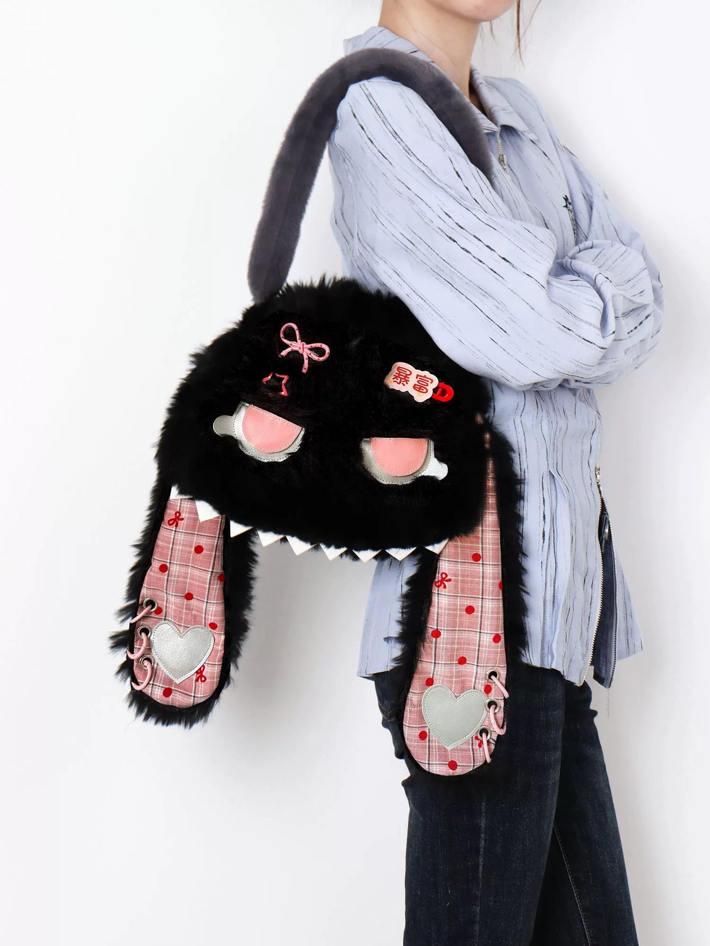 Fluffy Black Bunny Plaid Shoulder Bag |  | Three Fleas