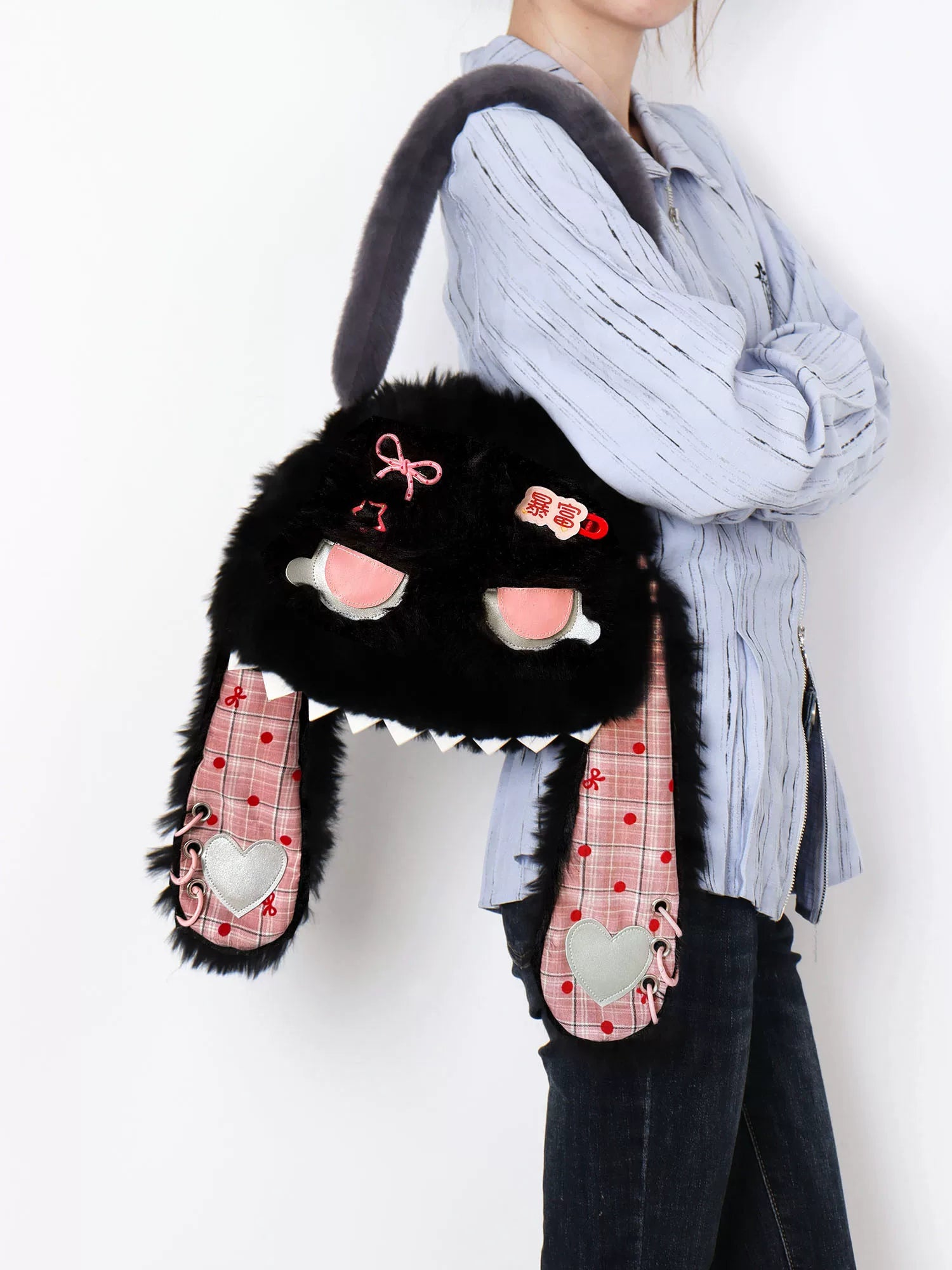 Fluffy Black Bunny Plaid Shoulder Bag |  | Three Fleas