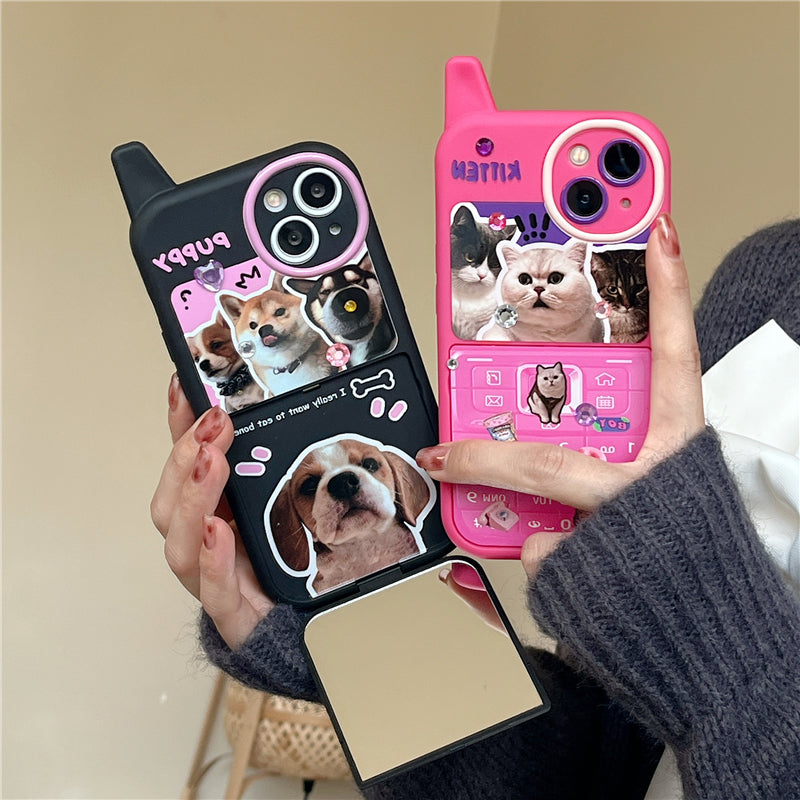 [ Meme Case ] Retro Phone Shape Kitty Puppy Flip Mirror Case