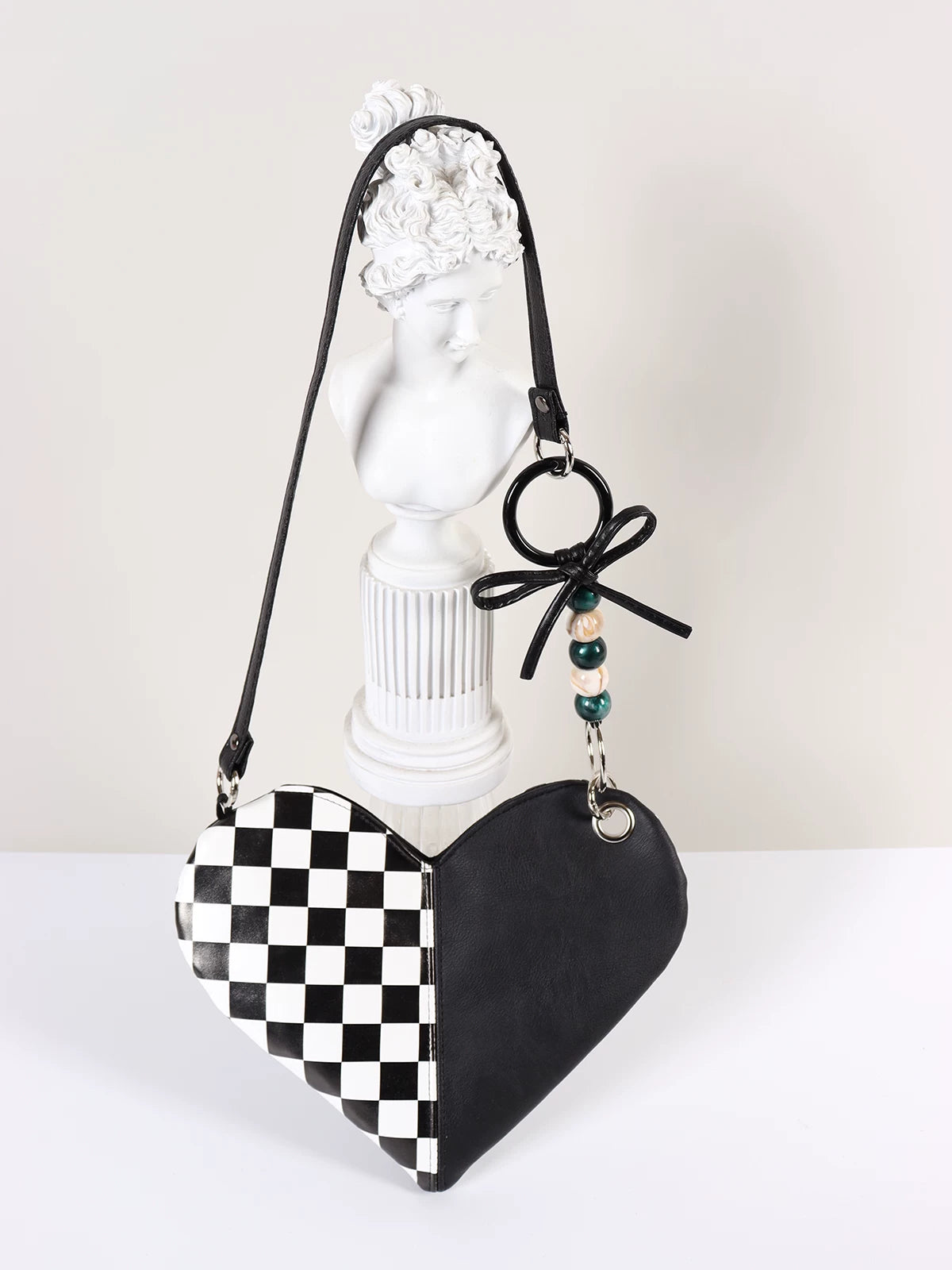 Checkerboard & Fuzzy Heart Shoulder Bag
