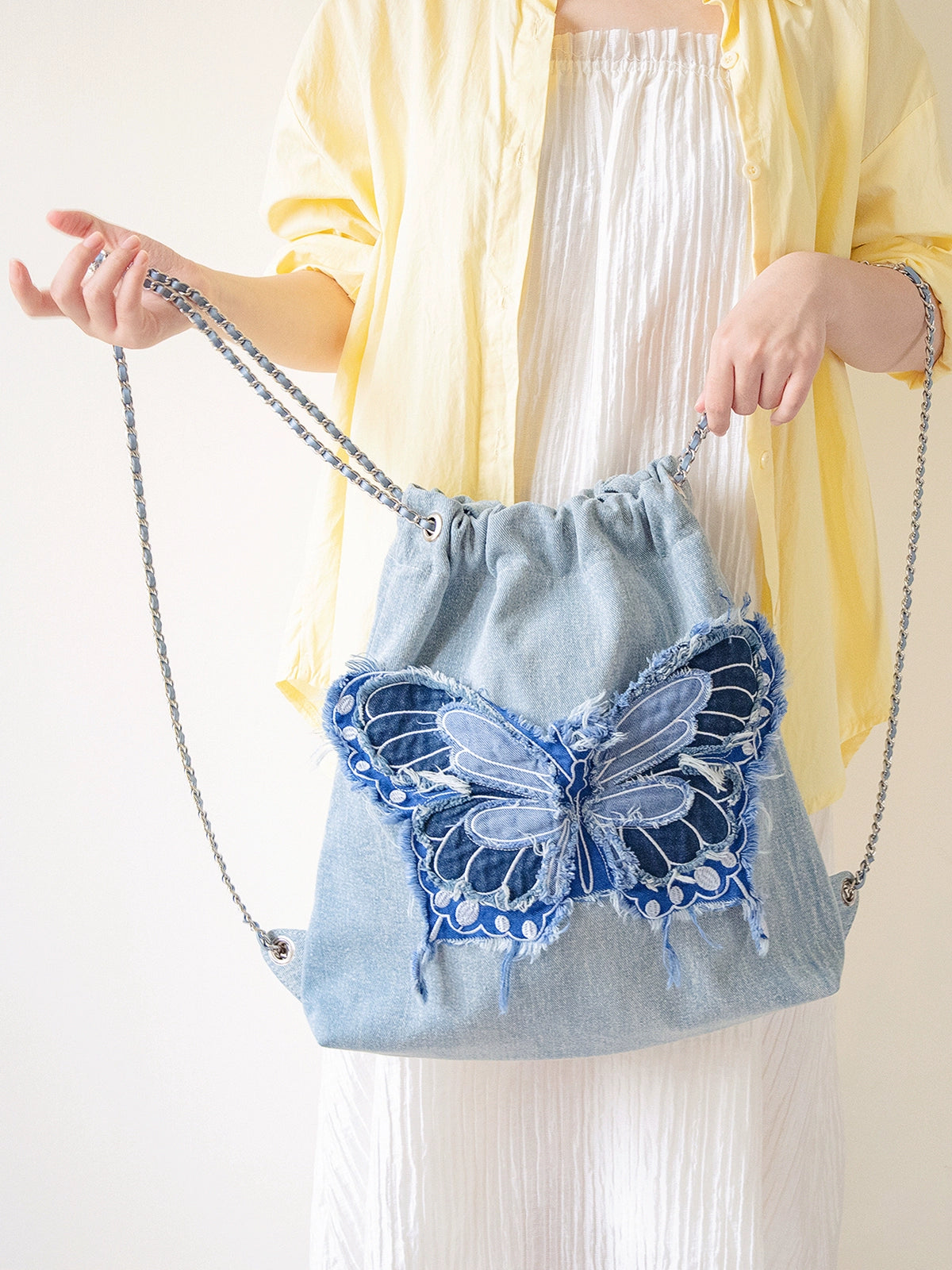 Butterfly Denim Drawstring Shoulder Bag