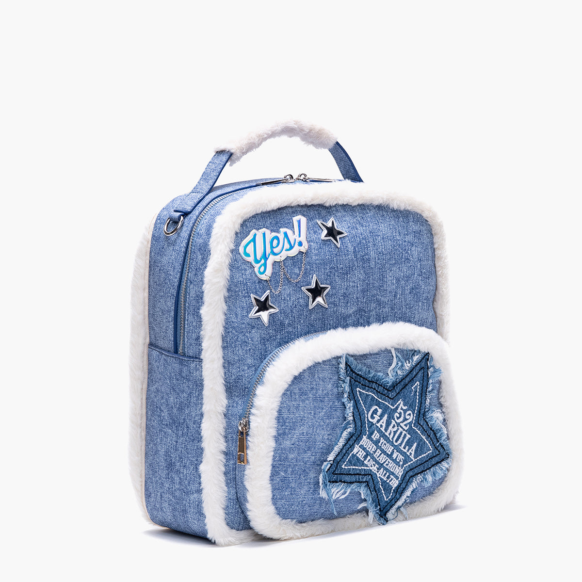 Star Patch Denim Furry Backpack