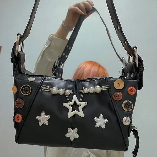 Retro Button Star Pin Shoulder Bag