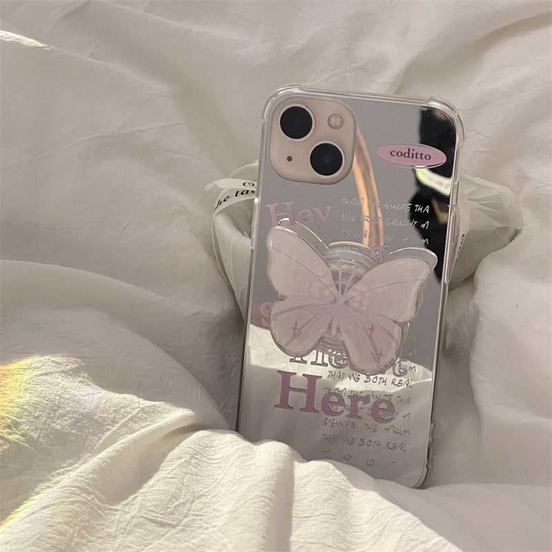 Pink slogan mirror phone case with butterfly stand