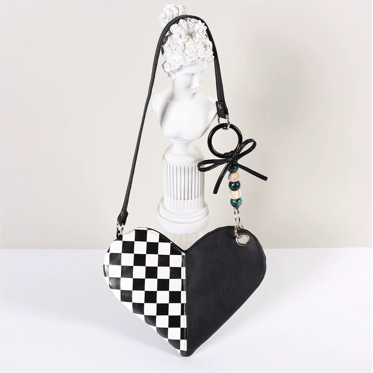 Checkerboard & Fuzzy Heart Shoulder Bag