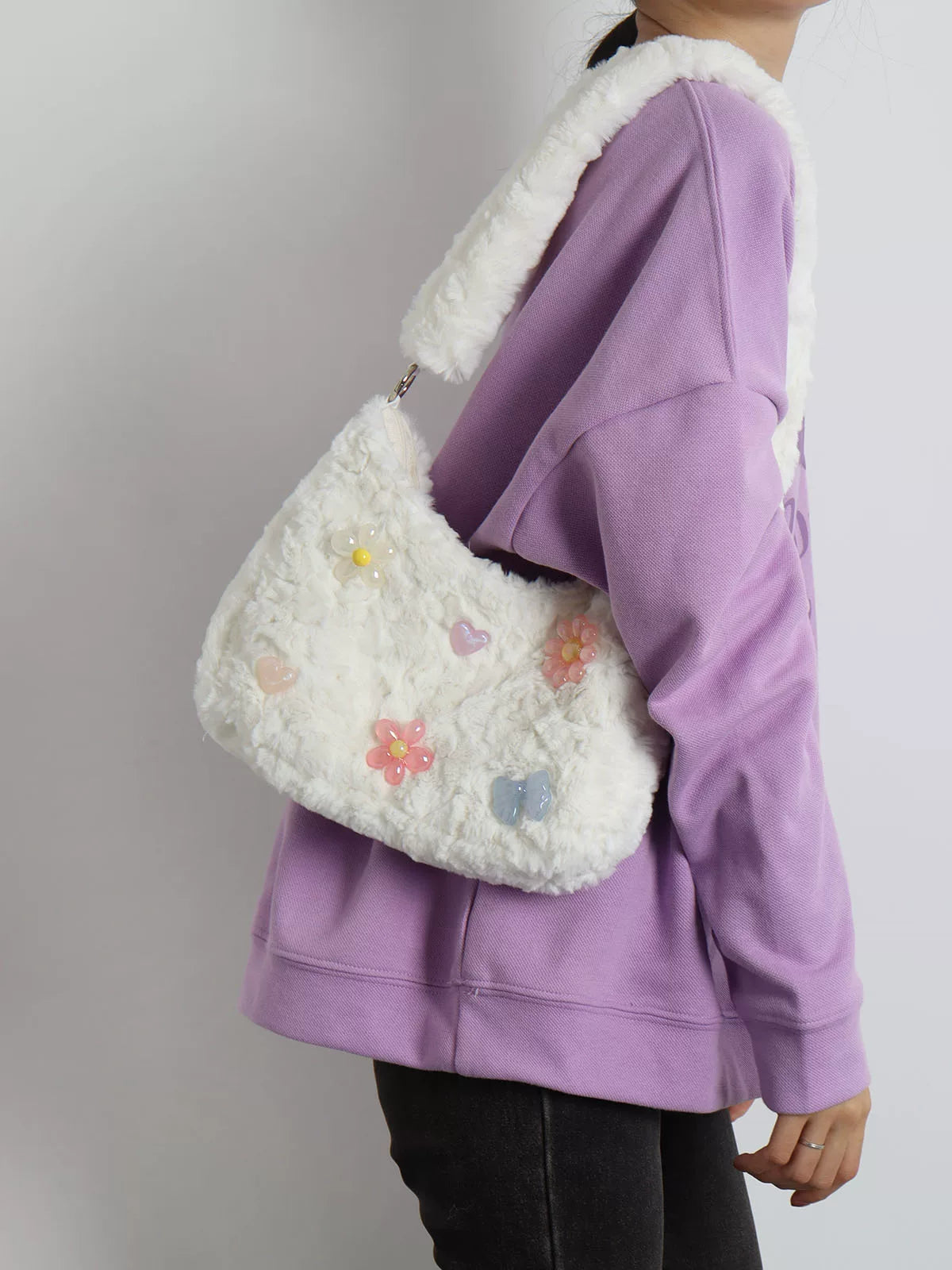 Fuzzy Y2K Floral & Bow Shoulder Bag |  | Three Fleas