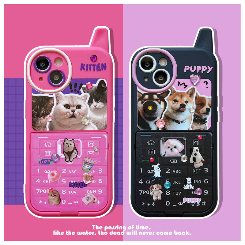 [ Meme Case ] Retro Phone Shape Kitty Puppy Flip Mirror Case