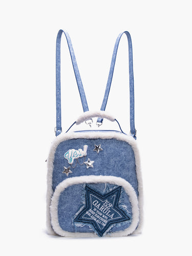 Star Patch Denim Furry Backpack