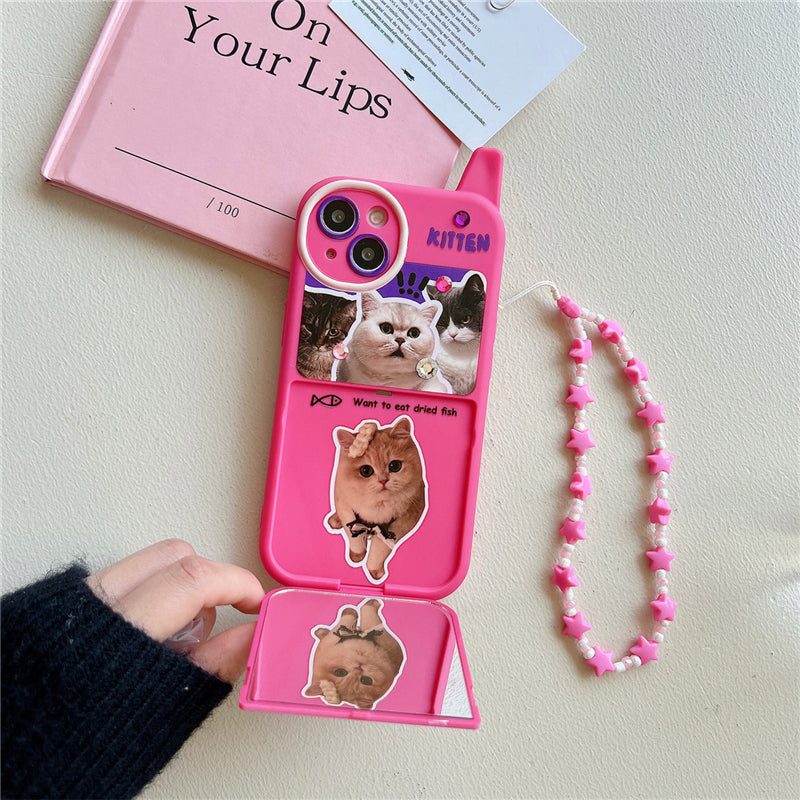 [ Meme Case ] Retro Phone Shape Kitty Puppy Flip Mirror Case