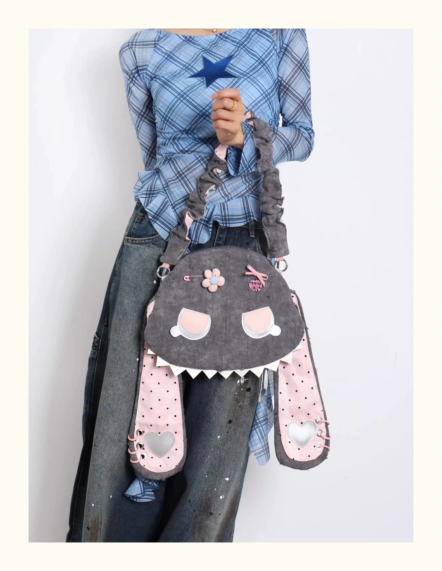 Grunge Plaid Bunny Crossbody Bag | Bag | Three Fleas