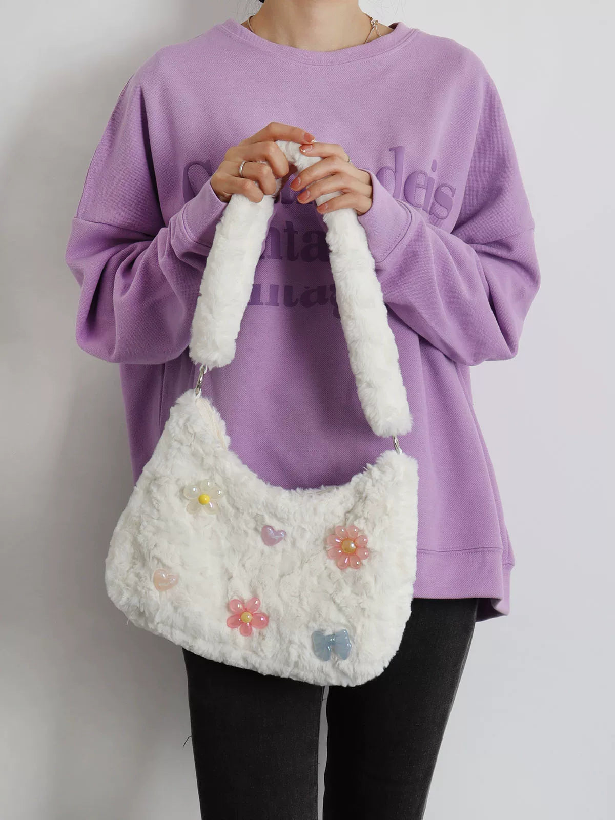 Fuzzy Y2K Floral & Bow Shoulder Bag |  | Three Fleas