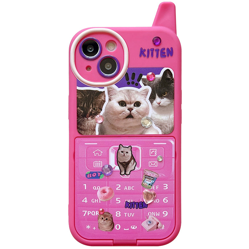[ Meme Case ] Retro Phone Shape Kitty Puppy Flip Mirror Case