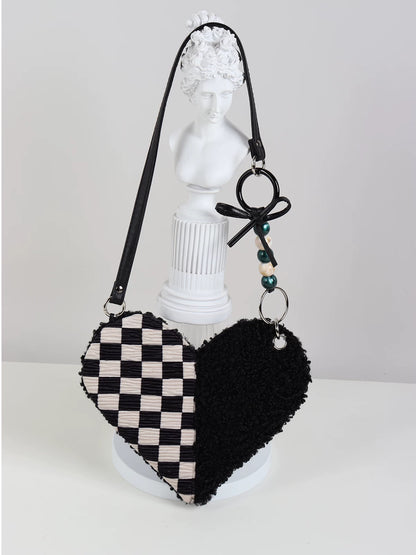 Checkerboard & Fuzzy Heart Shoulder Bag