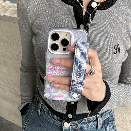 Pink Letters Denim Pattern Phone Case with Cowboy Wristband