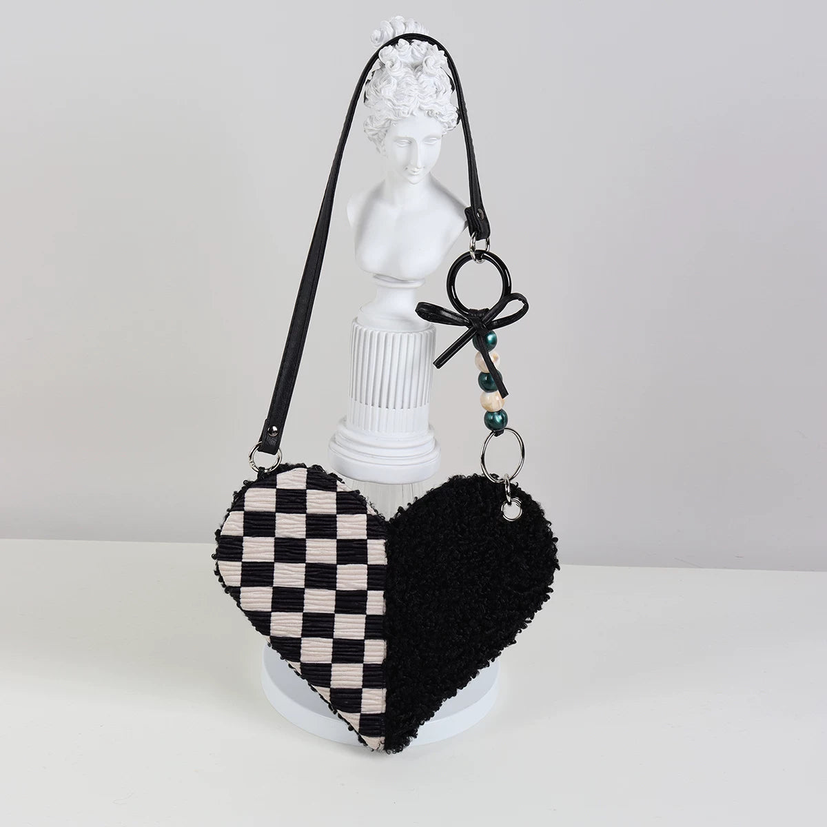 Checkerboard & Fuzzy Heart Shoulder Bag