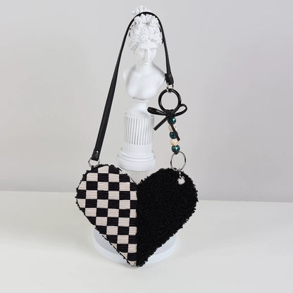 Checkerboard & Fuzzy Heart Shoulder Bag