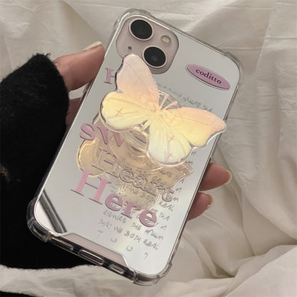 Pink slogan mirror phone case with butterfly stand