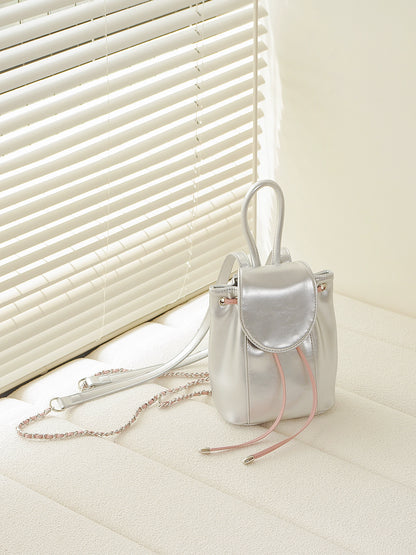 Silver Pink Drawstring Flap Shoulder Bag