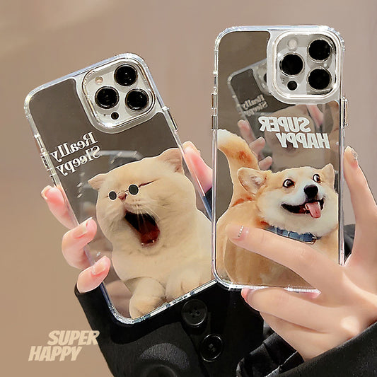 [ Meme Case ] Sleepy cat happy dog mirror phone case