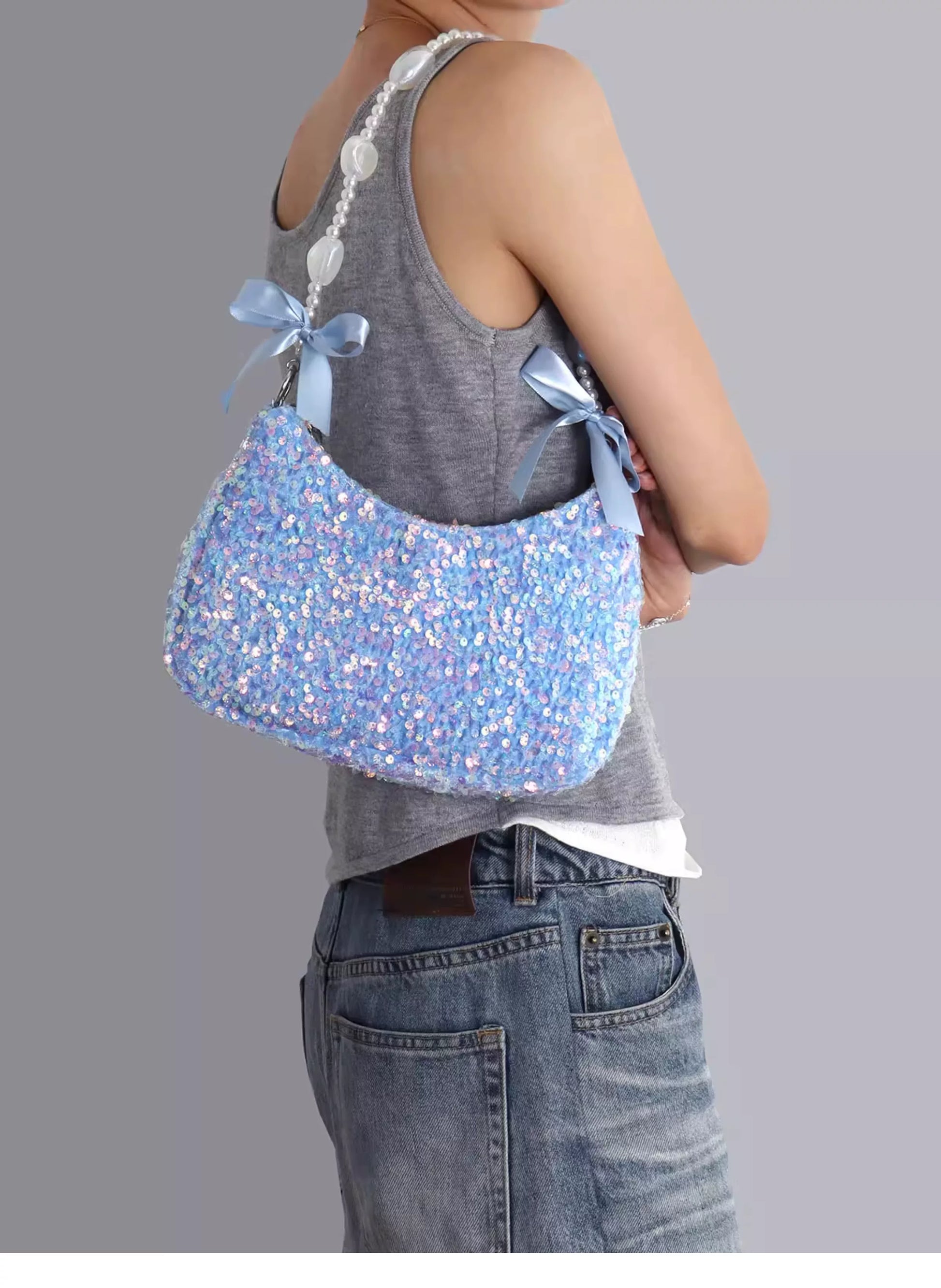 Iridescent Aqua Sequin Shoulder Bag |  | Three Fleas