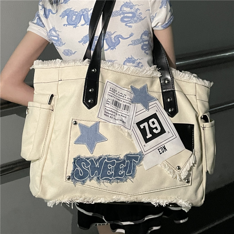 Y2k Sweet Blue Star Patchwork Tote Bag