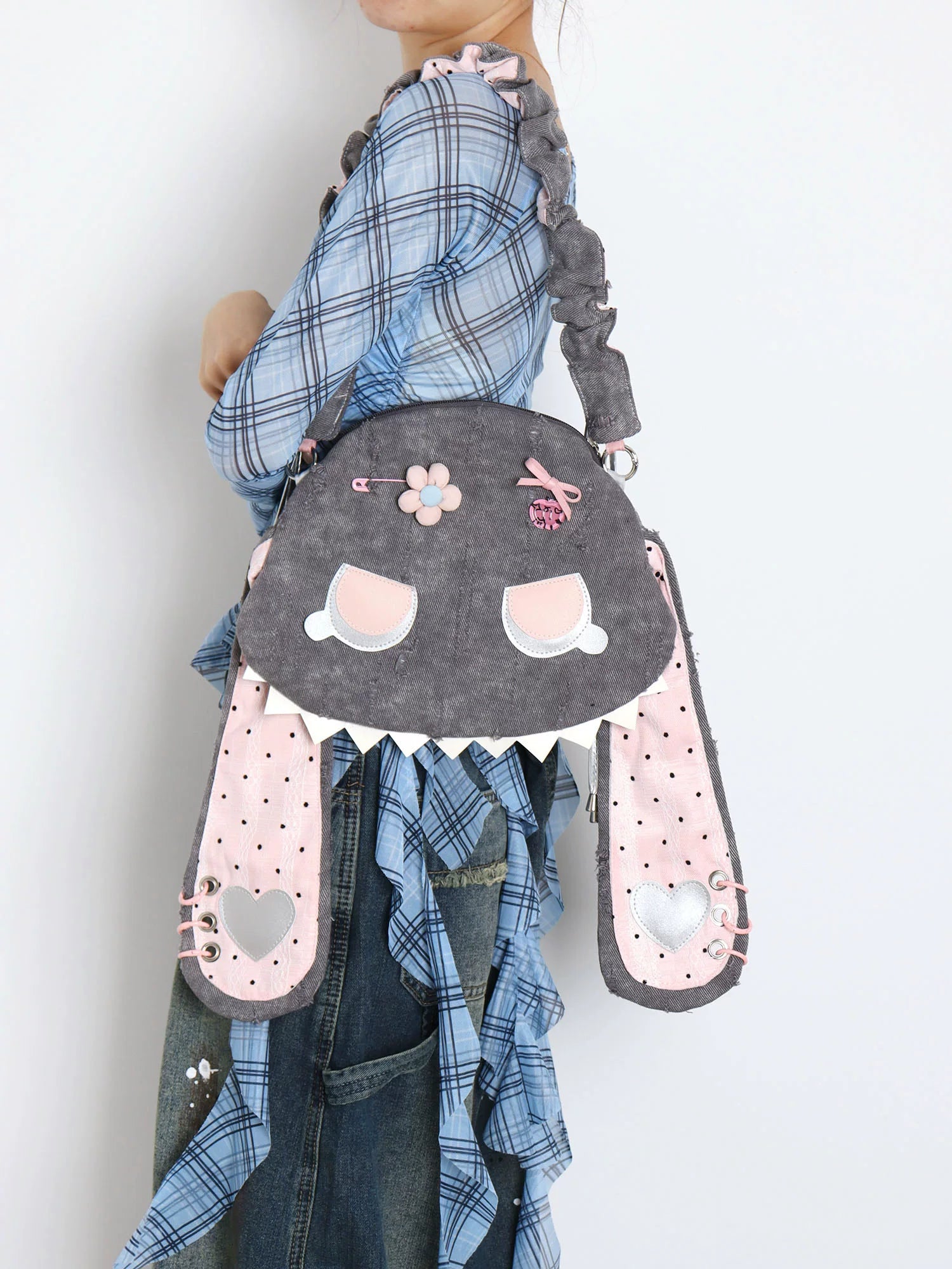 Grunge Plaid Bunny Crossbody Bag | Bag | Three Fleas