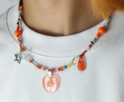 Orange Apple Shrink Plastic Charm Beaded Necklace