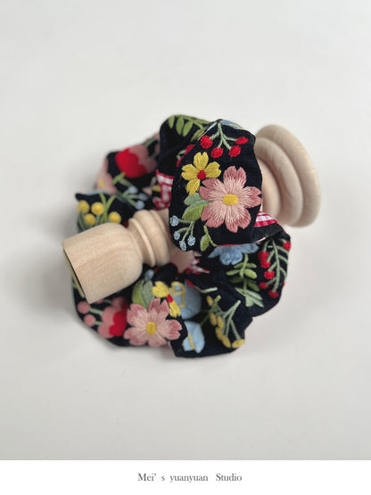 Original Black Flowers Embroidered Hair Scrunchie