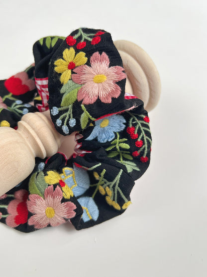 Original Black Flowers Embroidered Hair Scrunchie