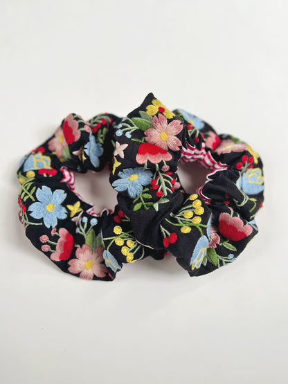 Original Black Flowers Embroidered Hair Scrunchie