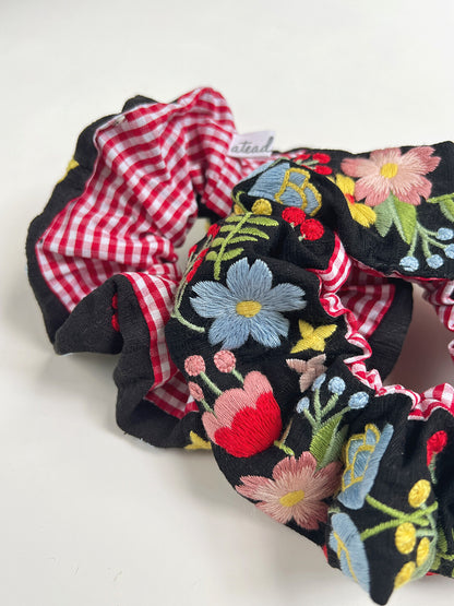 Original Black Flowers Embroidered Hair Scrunchie
