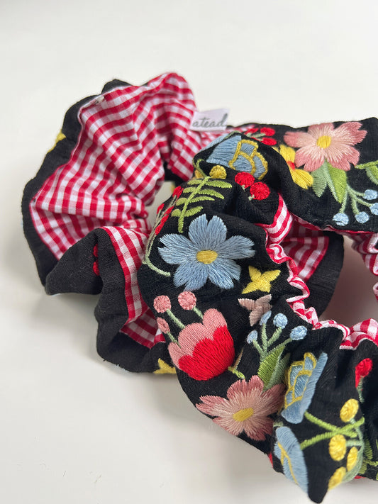 Original Black Flowers Embroidered Hair Scrunchie